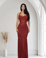 Radiant Nights Metallic Foil Ruched Maxi Dress - Red front view showing full-length maxi silhouette