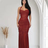 Radiant Nights Metallic Foil Ruched Maxi Dress - Red front view showing full-length maxi silhouette