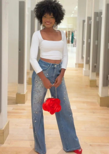 Radiant Pearl Embellished Wide-Leg Jeans close up of stylish fabric and construction detail