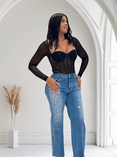 Radiant Pearl Embellished Wide-Leg Jeans front view showing pants fit and silhouette