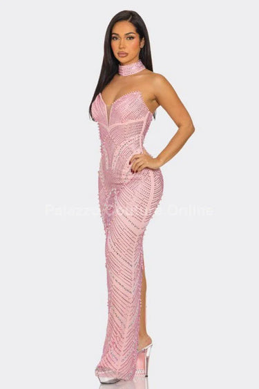 Radiant Pearl Mesh Gown Maxi Dress close up detail of mesh design and fabric