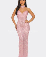 Radiant Pearl Mesh Gown Maxi Dress side view highlighting floor-length hemline