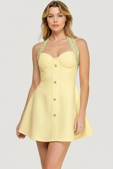 Radiant Regal Crystal - Trim Mini Dress - Butter - Palazzo Couture Online