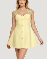 Radiant Regal Crystal-Trim Mini Dress - Butter showing dress construction and fit details