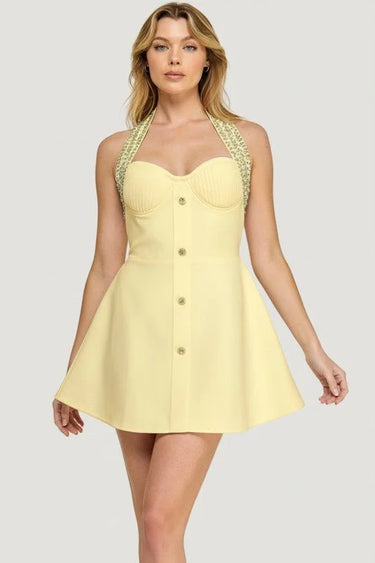 Radiant Regal Crystal-Trim Mini Dress - Butter showing dress construction and fit details