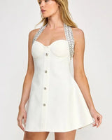 Radiant Regal Crystal-Trim Mini Dress - Ivory close up detail of elegant design