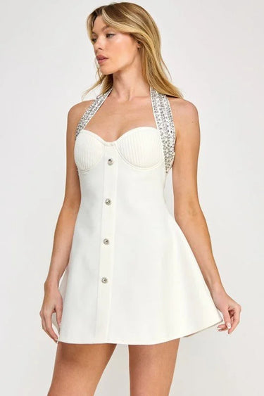 Radiant Regal Crystal-Trim Mini Dress - Ivory close up detail of elegant design