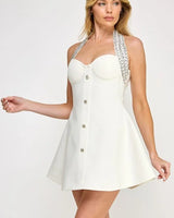 Radiant Regal Crystal-Trim Mini Dress - Ivory front view showing mini dress silhouette