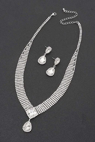 Radiant Teardrop Rhinestone Necklace Set in Silver Clear - women's statement jewelry