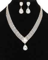 Rhinestone necklace set with teardrop pendant and gold clear finish
