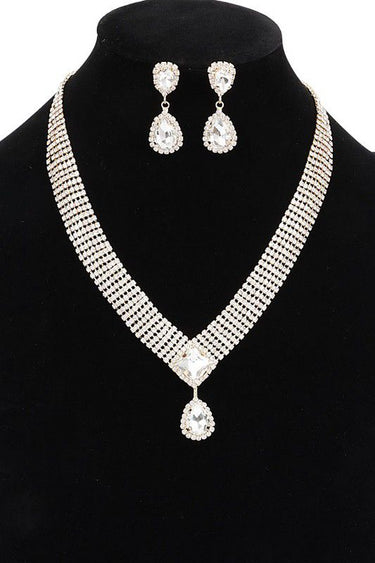 Rhinestone necklace set with teardrop pendant and gold clear finish