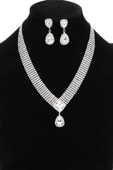 Multi-row rhinestone necklace set with teardrop crystal design
