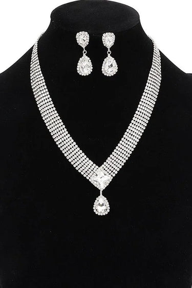 Radiant Teardrop Rhinestone Necklace Set in Silver Clear - stylish accessory for every outfit