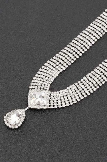 Radiant Teardrop Rhinestone Necklace Set in Silver Clear for women - fashion jewelry by Palazzo Couture