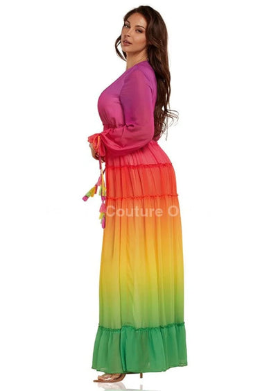 Rainbow Tassel Detailing Pleated Maxi Dress showing sophisticated construction details