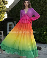 Rainbow Tassel Detailing Pleated Maxi Dress side view highlighting floor-length hemline