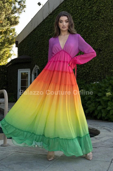 Rainbow Tassel Detailing Pleated Maxi Dress side view highlighting floor-length hemline