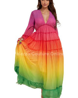Rainbow Tassel Detailing Pleated Maxi Dress full body look paired with heels and statement jewelry