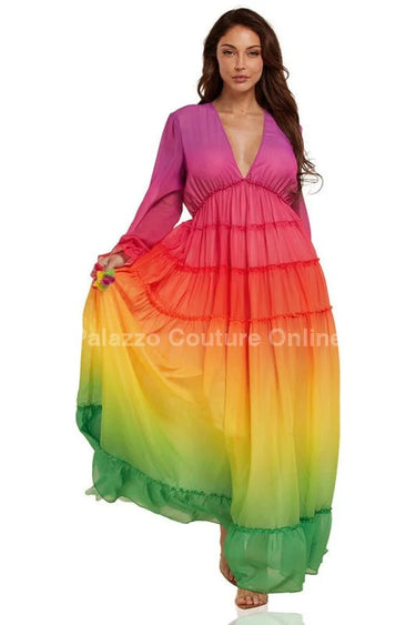 Rainbow Tassel Detailing Pleated Maxi Dress full body look paired with heels and statement jewelry
