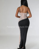 Rasha Black Rhinestone Dress with One-Shoulder Design showing sophisticated construction details