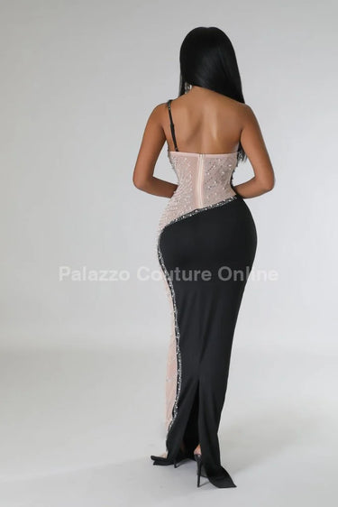 Rasha Black Rhinestone Dress with One-Shoulder Design showing sophisticated construction details