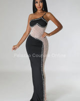 Rasha Black Rhinestone Dress with One-Shoulder Design close up detail of one-shoulder design and fabric