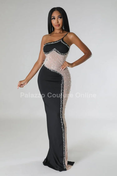 Rasha Black Rhinestone Dress with One-Shoulder Design close up detail of one-shoulder design and fabric