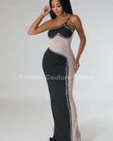 Rasha Black Rhinestone Dress with One-Shoulder Design front view showing full-length maxi silhouette