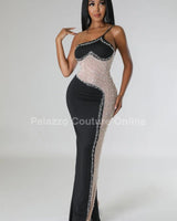 Rasha Black Rhinestone Dress with One-Shoulder Design side view highlighting floor-length hemline