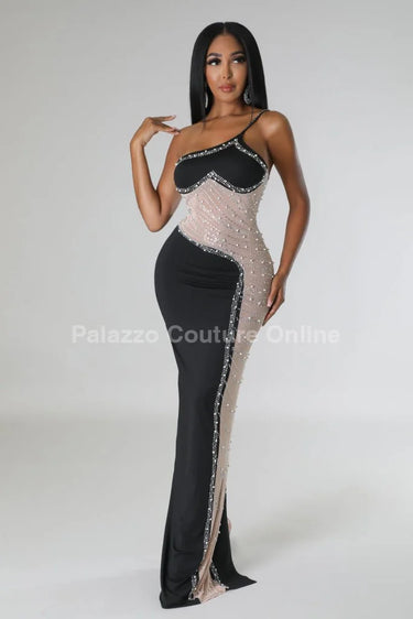 Rasha Black Rhinestone Dress with One-Shoulder Design side view highlighting floor-length hemline