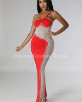 Rasha Red Rhinestone Dress with One-Shoulder Design close up detail of one-shoulder design and fabric