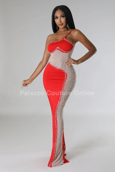 Rasha Red Rhinestone Dress with One-Shoulder Design close up detail of one-shoulder design and fabric