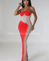Rasha Red Rhinestone Dress with One-Shoulder Design front view showing full-length maxi silhouette