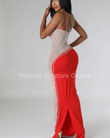 Rasha Red Rhinestone Dress with One-Shoulder Design side view highlighting floor-length hemline