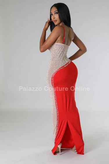 Rasha Red Rhinestone Dress with One-Shoulder Design side view highlighting floor-length hemline