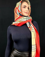 red printed satin square scarf folded detail