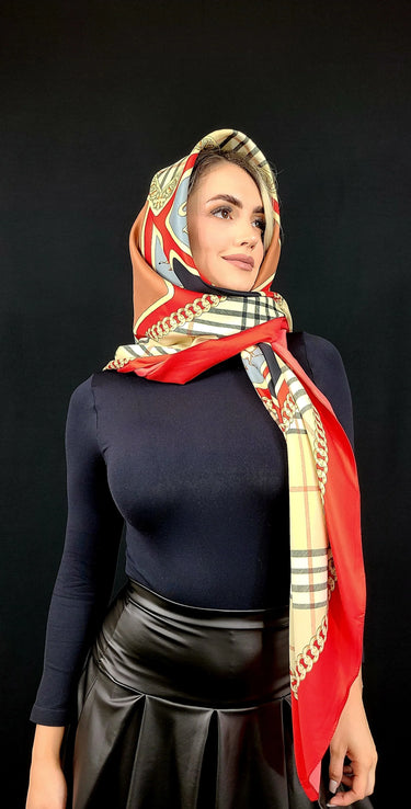 red printed satin square scarf folded detail