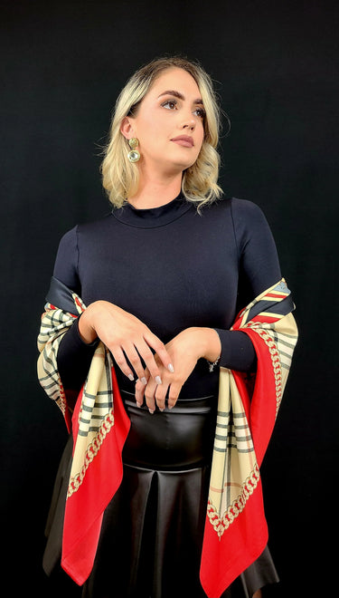 equestrian print satin scarf in red close-up pattern