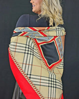 red silk feel square scarf styled on neck
