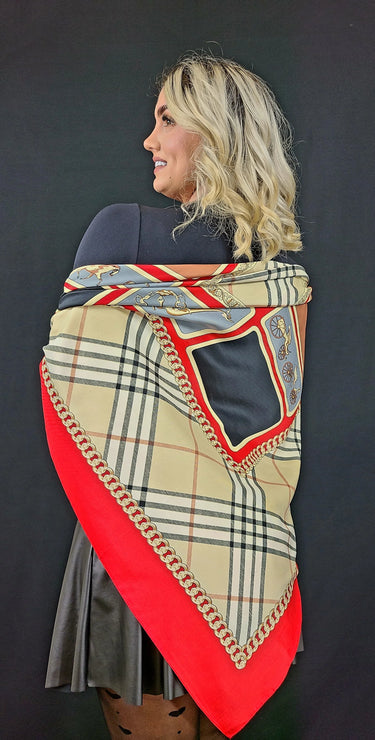 red silk feel square scarf styled on neck