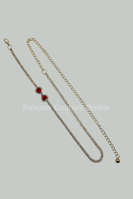 Red Heart Rhinestone Chain Belt (Gold) One Size / Gold
