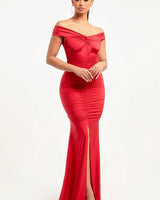 All In Your Feels Red Maxi Dress with Off-Shoulder Design - front view