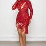 Red Sequin Dress – Bodycon Long Sleeve Mini with Fringe front view showing mini dress silhouette