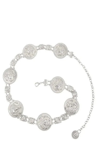 Regal Greek Coin Linked Metal Belt (Gold) - women's statement waist belt accessory