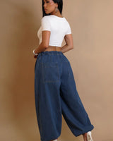 Relaxed Fit Wide-Leg Denim Pants with Elastic Waist close up of relaxed fabric and construction detail