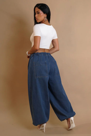 Relaxed Fit Wide-Leg Denim Pants with Elastic Waist close up of relaxed fabric and construction detail