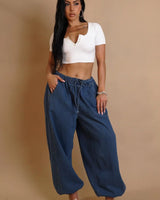 Relaxed Fit Wide-Leg Denim Pants with Elastic Waist front view showing jeans fit and silhouette