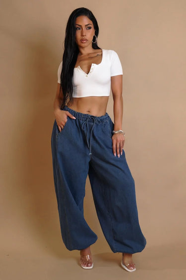 Relaxed Fit Wide-Leg Denim Pants with Elastic Waist front view showing jeans fit and silhouette