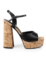 Black platform wedges with cork heel and open toe