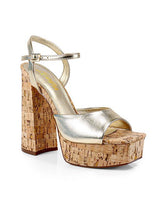 Gold high heel sandals with cork wedge design